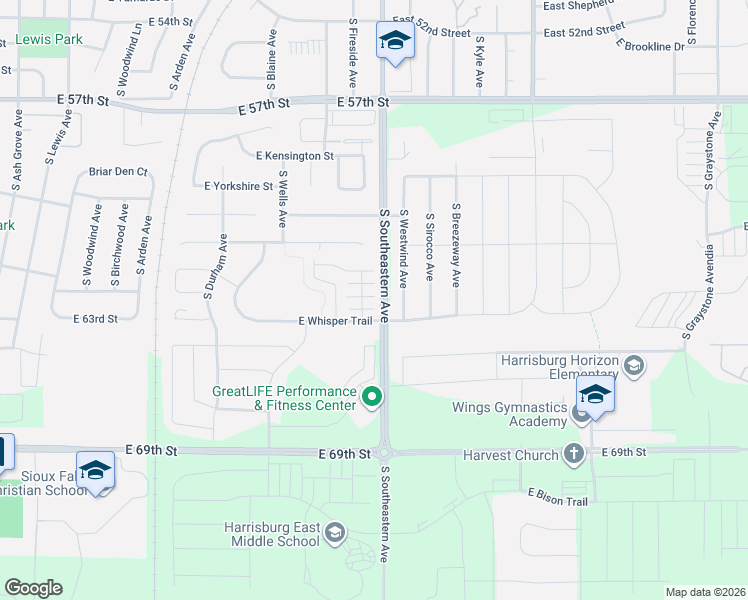 map of restaurants, bars, coffee shops, grocery stores, and more near 5400 South Cobblestone Place in Sioux Falls