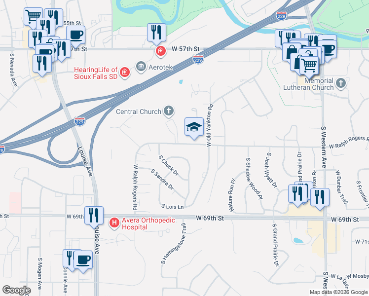 map of restaurants, bars, coffee shops, grocery stores, and more near 3015 West Ralph Rogers Road in Sioux Falls