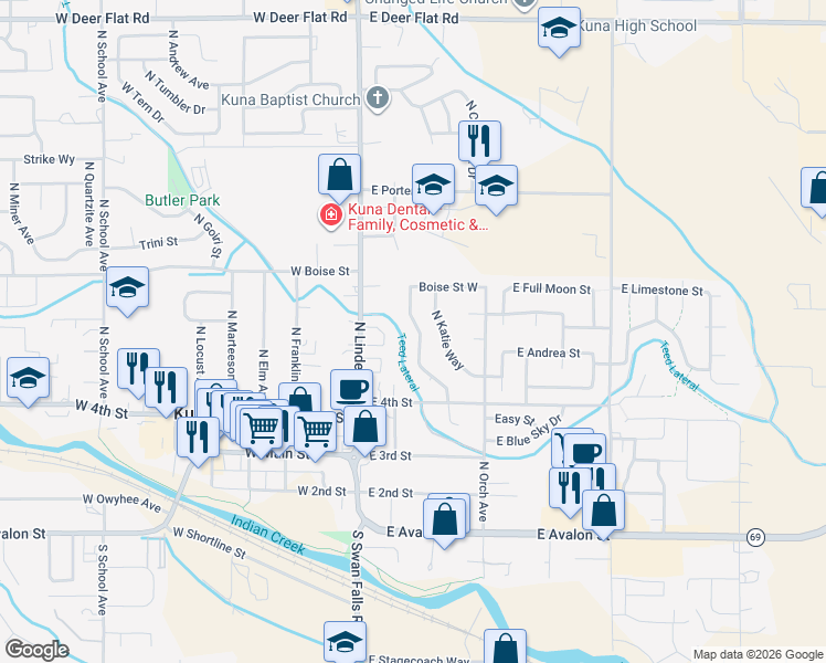map of restaurants, bars, coffee shops, grocery stores, and more near 637 North Shady Grove Way in Kuna