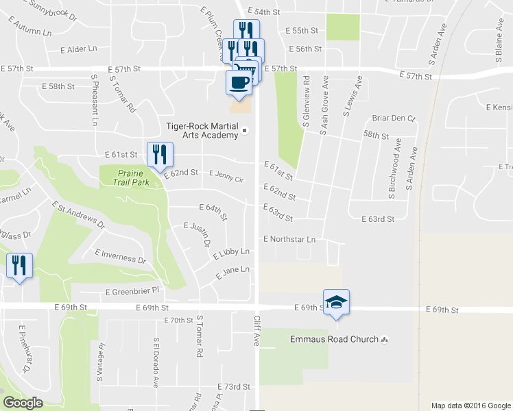 map of restaurants, bars, coffee shops, grocery stores, and more near 1199 East 63rd Street in Sioux Falls