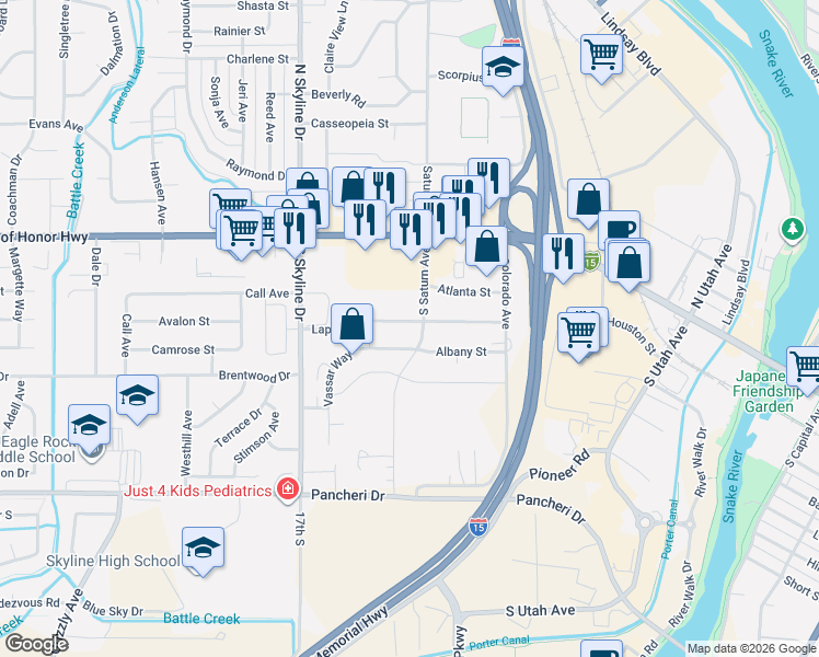 map of restaurants, bars, coffee shops, grocery stores, and more near 396 South Saturn Avenue in Idaho Falls