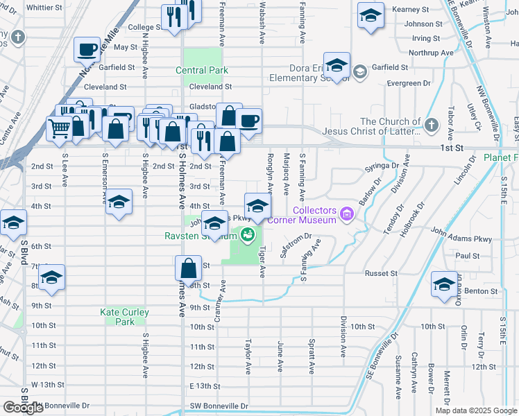 map of restaurants, bars, coffee shops, grocery stores, and more near 444 Ronglyn Avenue in Idaho Falls