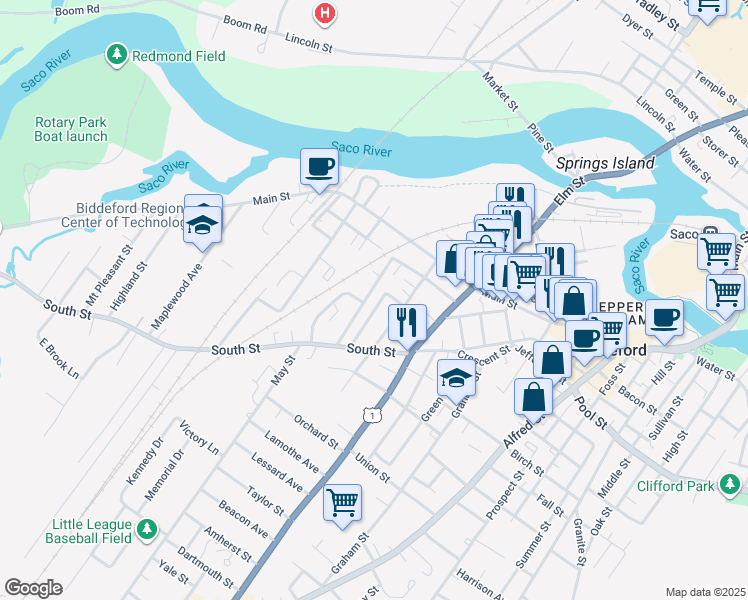 map of restaurants, bars, coffee shops, grocery stores, and more near 33 State Street in Biddeford