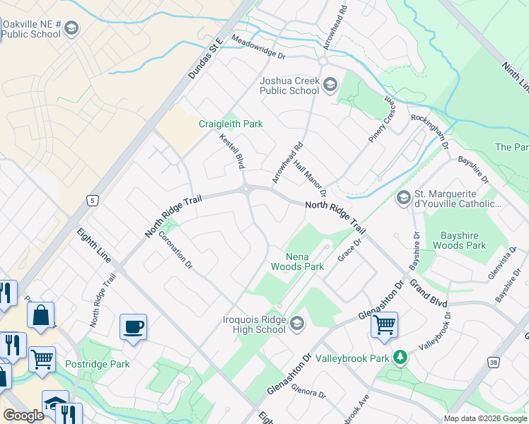 map of restaurants, bars, coffee shops, grocery stores, and more near 2352 Delnice Drive in Oakville