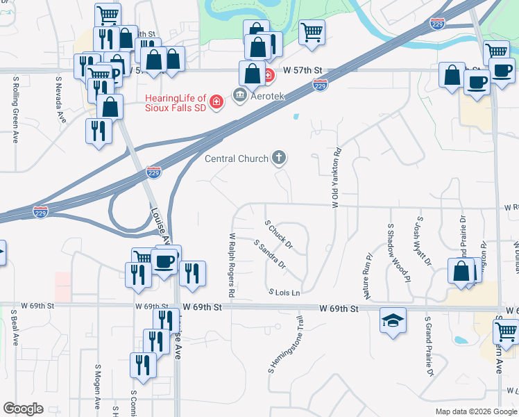 map of restaurants, bars, coffee shops, grocery stores, and more near 5505 South Chuck Drive in Sioux Falls
