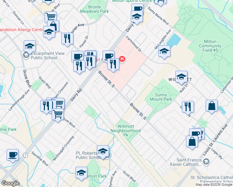 map of restaurants, bars, coffee shops, grocery stores, and more near 41 McLaughlin Avenue in Milton