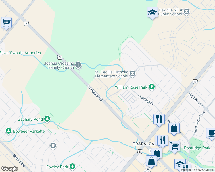map of restaurants, bars, coffee shops, grocery stores, and more near 3273 Mockingbird Common in Oakville
