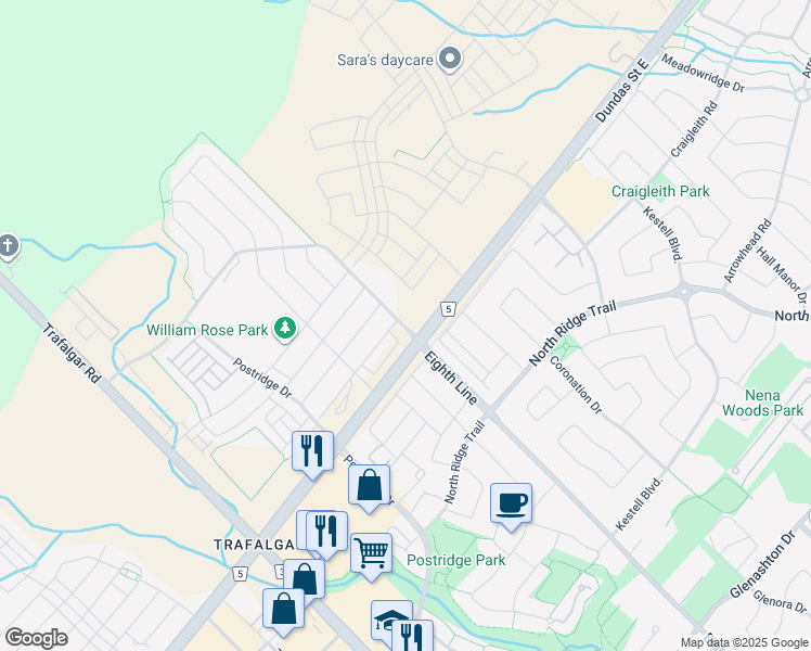 map of restaurants, bars, coffee shops, grocery stores, and more near 1005 Dundas Street East in Oakville