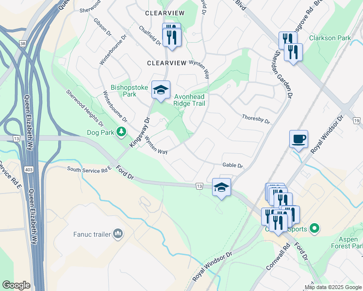 map of restaurants, bars, coffee shops, grocery stores, and more near 2462 Wynten Way in Oakville