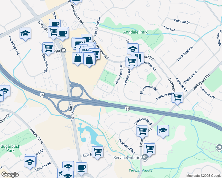 map of restaurants, bars, coffee shops, grocery stores, and more near 455 Kingscourt Drive in Waterloo