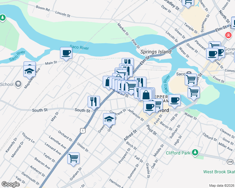 map of restaurants, bars, coffee shops, grocery stores, and more near 167 Elm Street in Biddeford