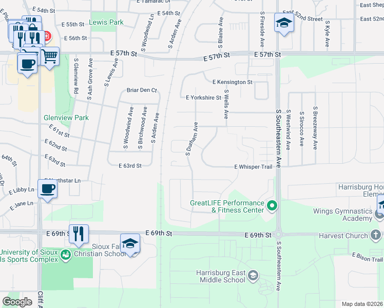 map of restaurants, bars, coffee shops, grocery stores, and more near 2607 East Whisper Trail in Sioux Falls