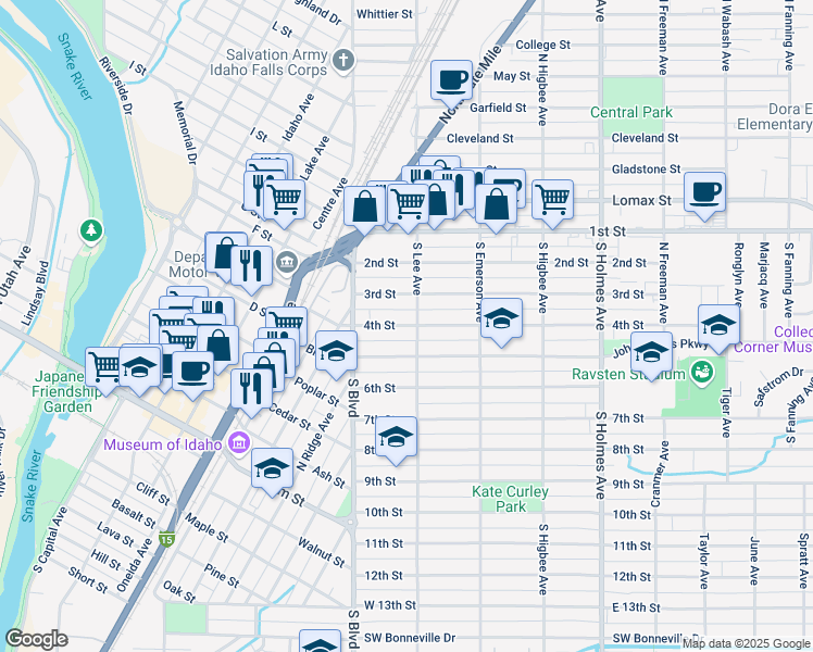 map of restaurants, bars, coffee shops, grocery stores, and more near 187 4th Street in Idaho Falls