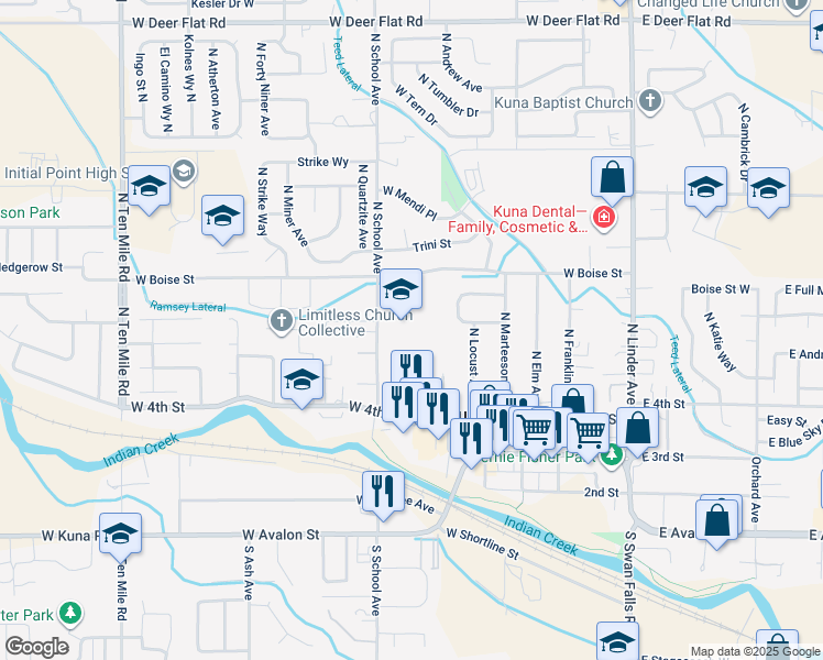 map of restaurants, bars, coffee shops, grocery stores, and more near 610 North School Avenue in Kuna
