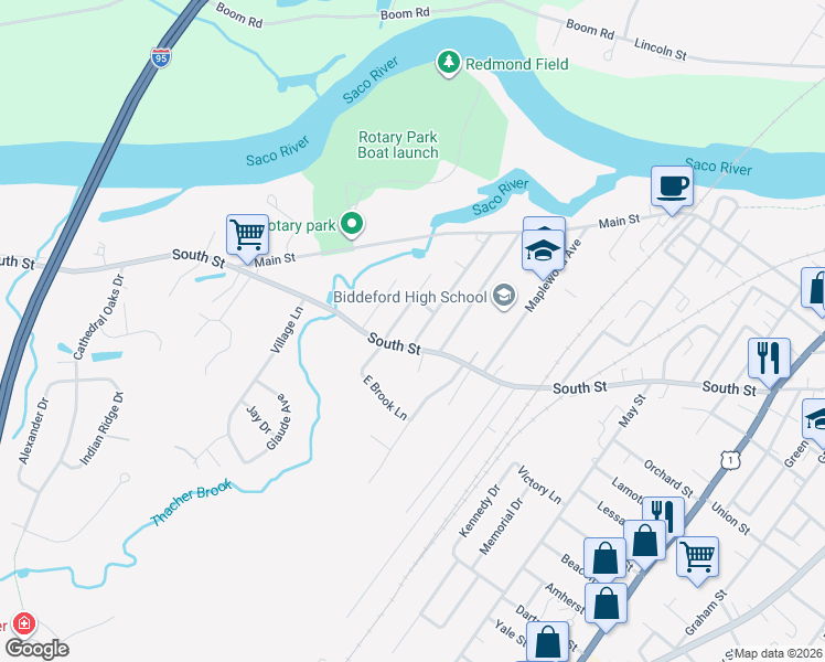 map of restaurants, bars, coffee shops, grocery stores, and more near 258 South Street in Biddeford