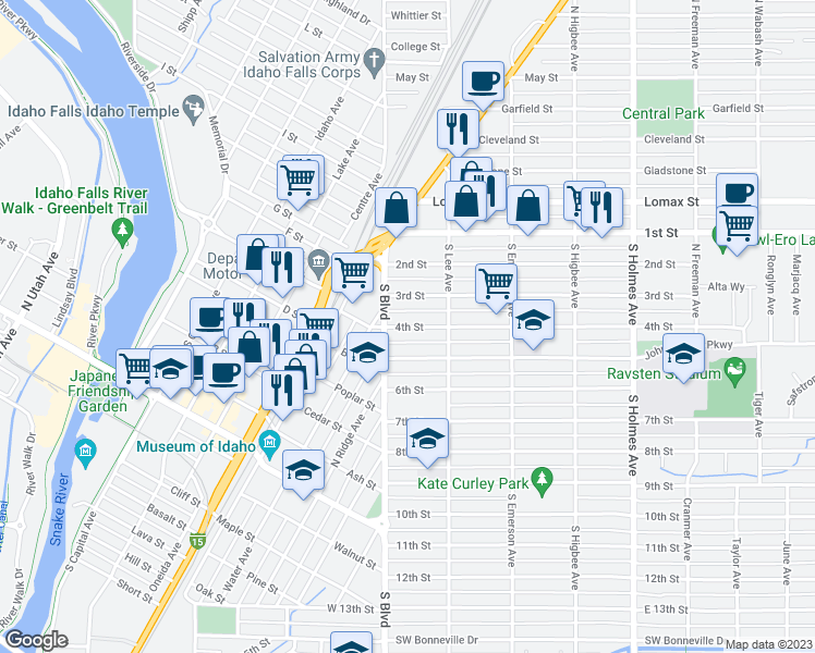 map of restaurants, bars, coffee shops, grocery stores, and more near 131 4th Street in Idaho Falls