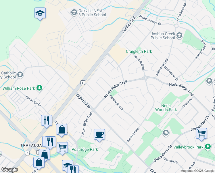 map of restaurants, bars, coffee shops, grocery stores, and more near 2438 Felhaber Crescent in Oakville