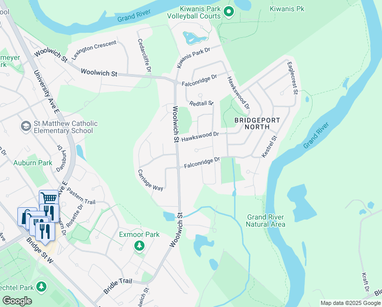 map of restaurants, bars, coffee shops, grocery stores, and more near 933 Redtail Court in Kitchener