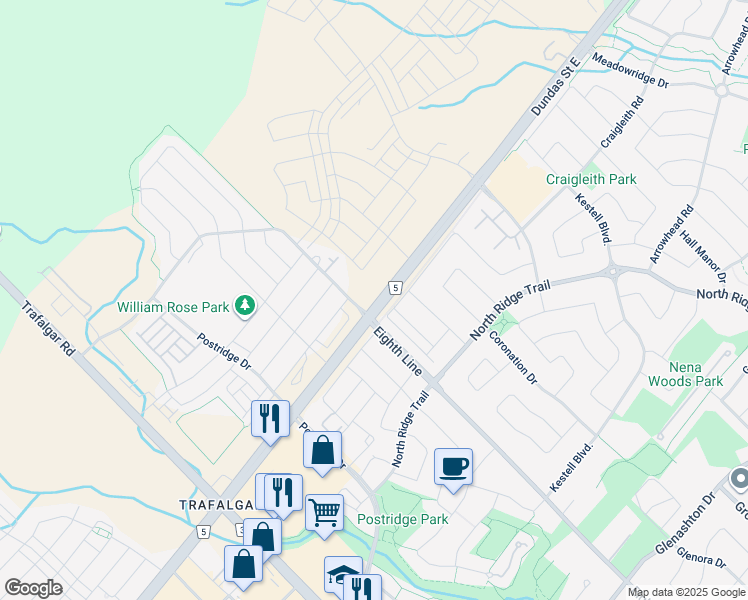 map of restaurants, bars, coffee shops, grocery stores, and more near in Oakville