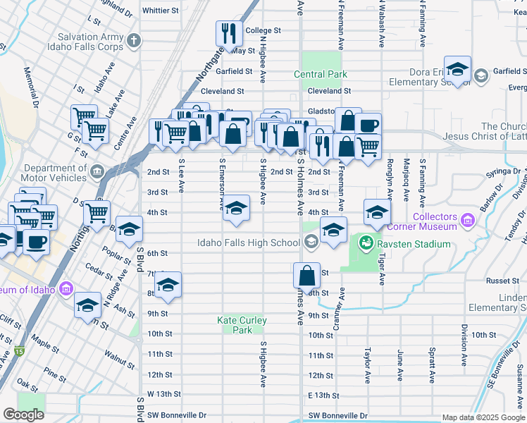 map of restaurants, bars, coffee shops, grocery stores, and more near in Idaho Falls