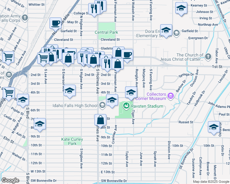 map of restaurants, bars, coffee shops, grocery stores, and more near in Idaho Falls