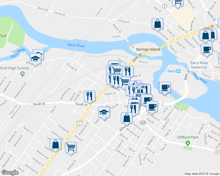 map of restaurants, bars, coffee shops, grocery stores, and more near 167 Elm Street in Biddeford
