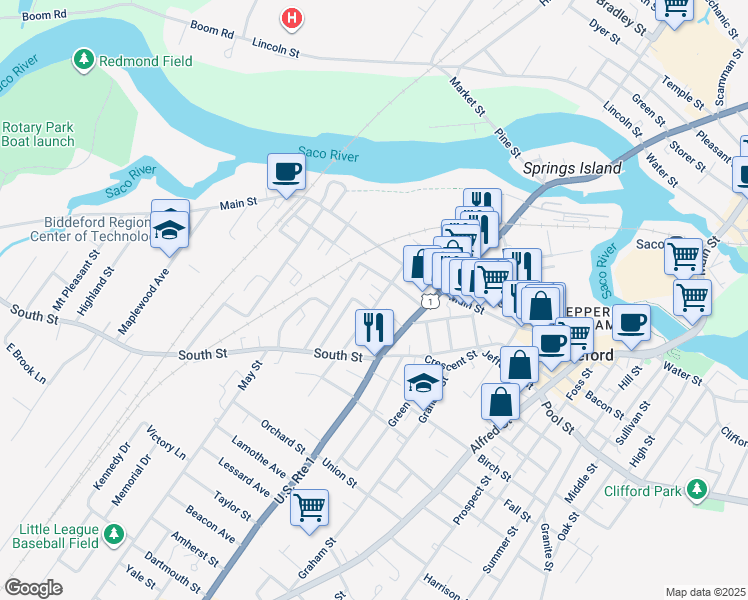 map of restaurants, bars, coffee shops, grocery stores, and more near 44 Bradbury Street in Biddeford