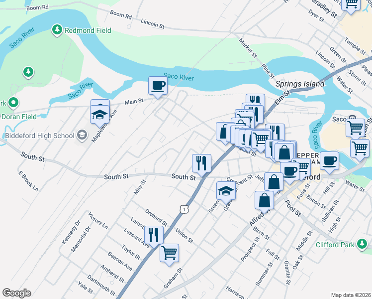 map of restaurants, bars, coffee shops, grocery stores, and more near 33 State Street in Biddeford