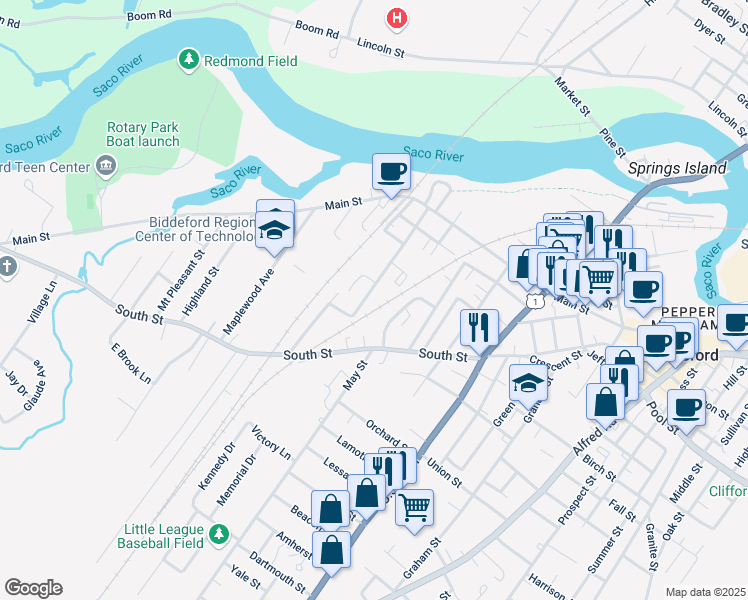 map of restaurants, bars, coffee shops, grocery stores, and more near 63 Western Avenue in Biddeford