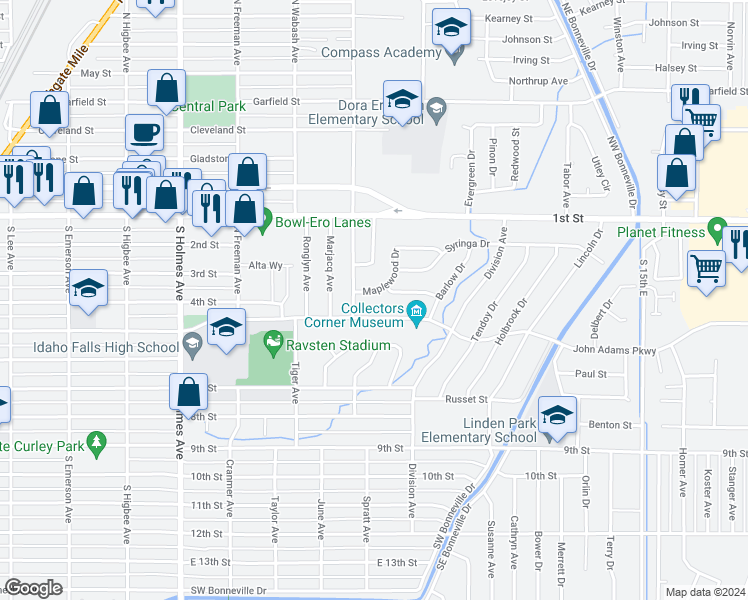map of restaurants, bars, coffee shops, grocery stores, and more near 812 Maplewood Drive in Idaho Falls