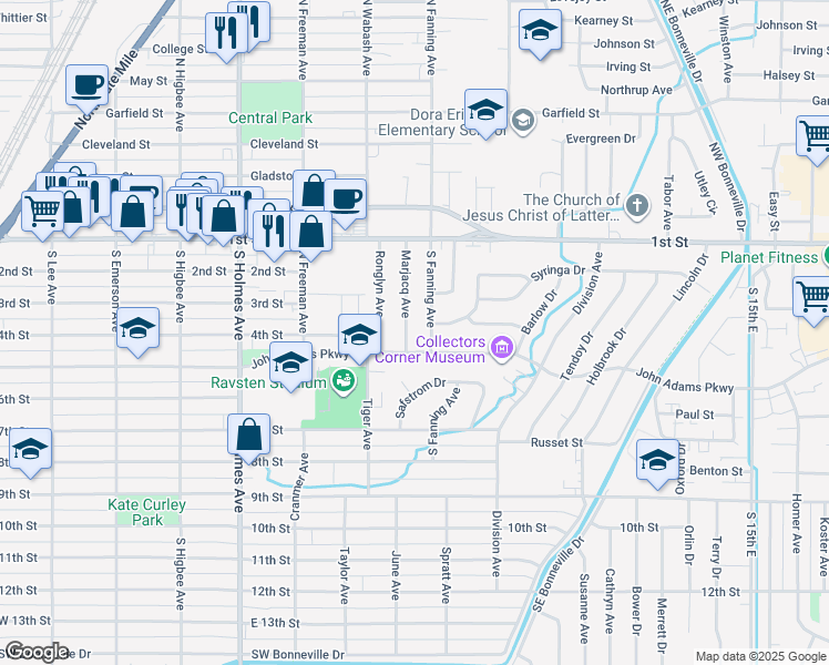 map of restaurants, bars, coffee shops, grocery stores, and more near 775 John Adams Parkway in Idaho Falls