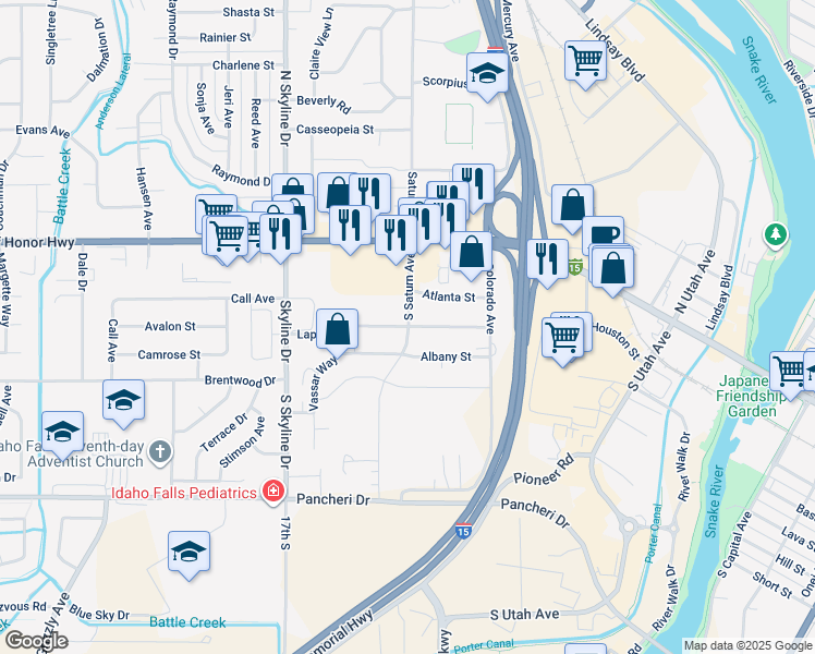 map of restaurants, bars, coffee shops, grocery stores, and more near 396 South Saturn Avenue in Idaho Falls