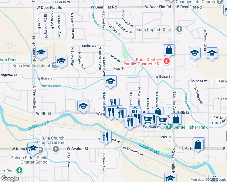 map of restaurants, bars, coffee shops, grocery stores, and more near 610 North School Avenue in Kuna