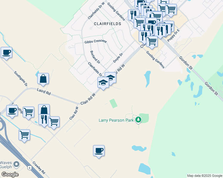 map of restaurants, bars, coffee shops, grocery stores, and more near 91 Poppy Drive West in Guelph