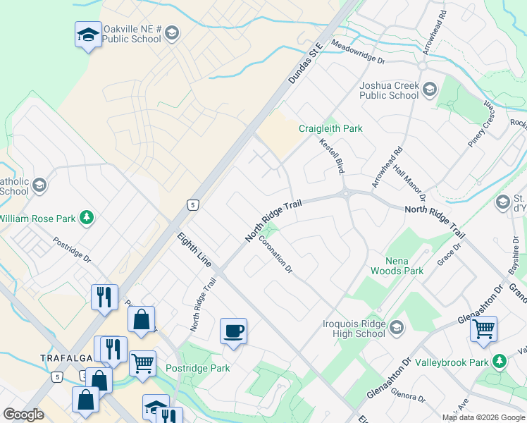 map of restaurants, bars, coffee shops, grocery stores, and more near 2425 Felhaber Crescent in Oakville