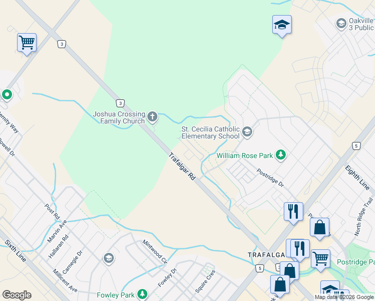 map of restaurants, bars, coffee shops, grocery stores, and more near in Oakville