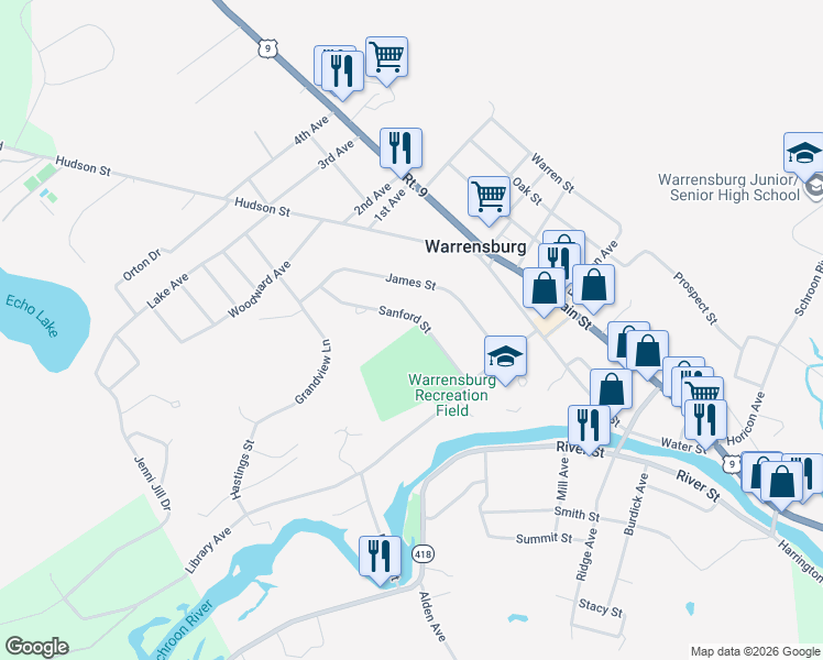 map of restaurants, bars, coffee shops, grocery stores, and more near 17 Sanford Street in Warrensburg