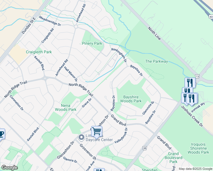 map of restaurants, bars, coffee shops, grocery stores, and more near 1359 Bayshire Drive in Oakville