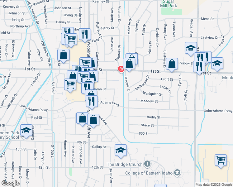 map of restaurants, bars, coffee shops, grocery stores, and more near 401 Montcliffe Drive in Idaho Falls