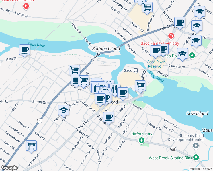 map of restaurants, bars, coffee shops, grocery stores, and more near 44 Laconia Street in Biddeford