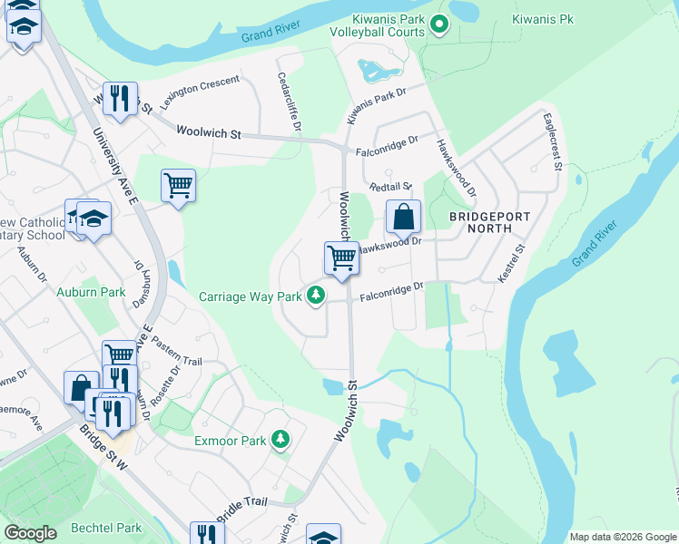 map of restaurants, bars, coffee shops, grocery stores, and more near 264 Woolwich Street in Kitchener