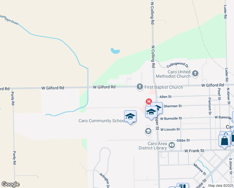 map of restaurants, bars, coffee shops, grocery stores, and more near 1601 West Gilford Road in Caro