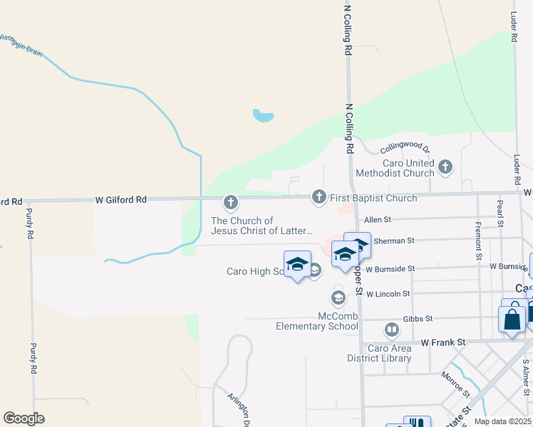 map of restaurants, bars, coffee shops, grocery stores, and more near 1601 West Gilford Road in Caro