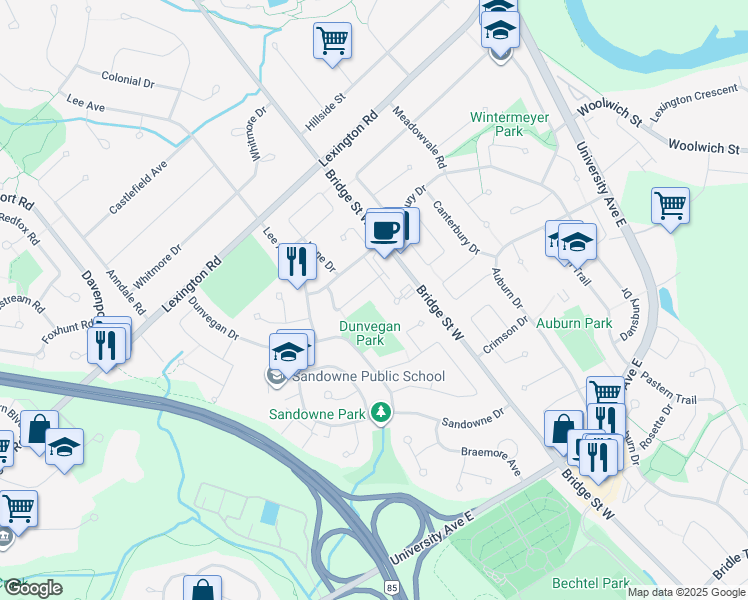 map of restaurants, bars, coffee shops, grocery stores, and more near 275 Eiwo Court in Waterloo
