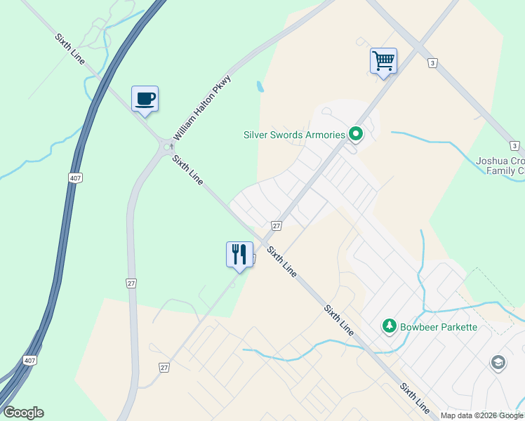 map of restaurants, bars, coffee shops, grocery stores, and more near 4097 Hillsborough Crescent in Oakville
