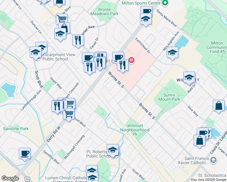 map of restaurants, bars, coffee shops, grocery stores, and more near 10 Munch Place in Milton