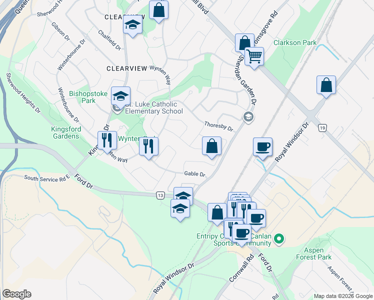 map of restaurants, bars, coffee shops, grocery stores, and more near 1118 Lambton Drive in Oakville