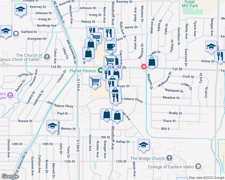 map of restaurants, bars, coffee shops, grocery stores, and more near 351-399 South Woodruff Avenue in Idaho Falls