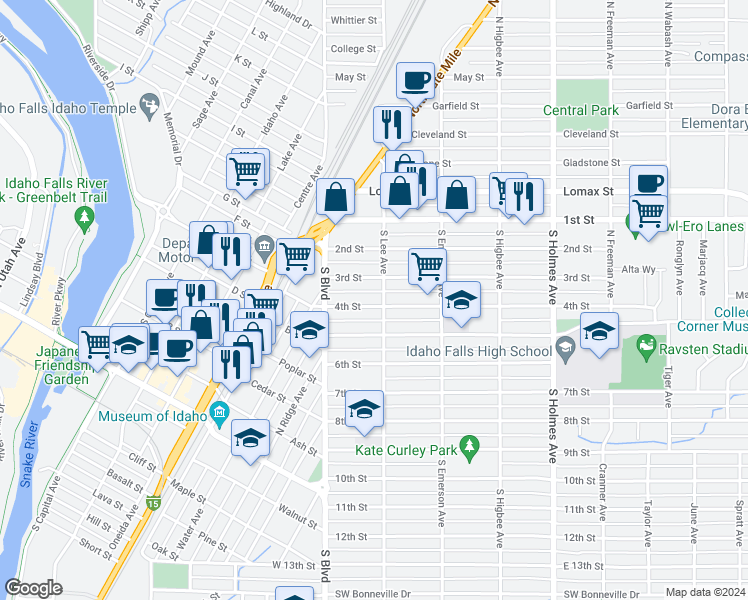 map of restaurants, bars, coffee shops, grocery stores, and more near 179 4th Street in Idaho Falls