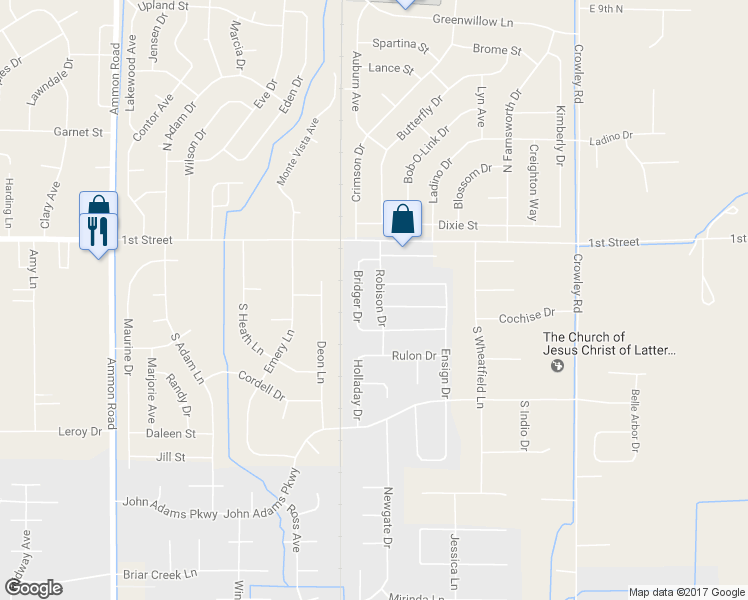 map of restaurants, bars, coffee shops, grocery stores, and more near 304 Robison Drive in Ammon